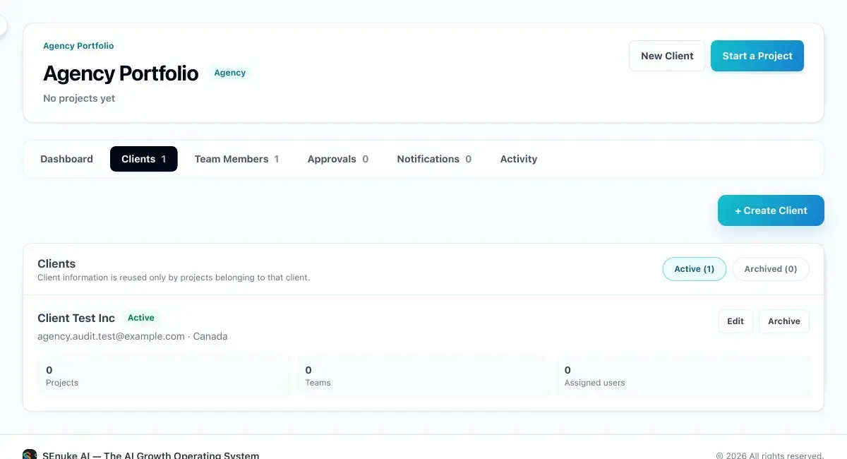 SEnuke AI agency clients list with per-client status