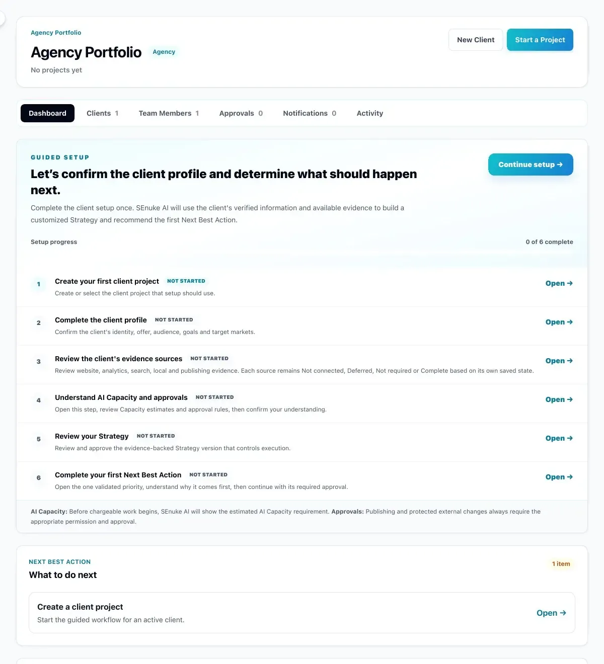 SEnuke AI Agency Portfolio dashboard with guided client setup
