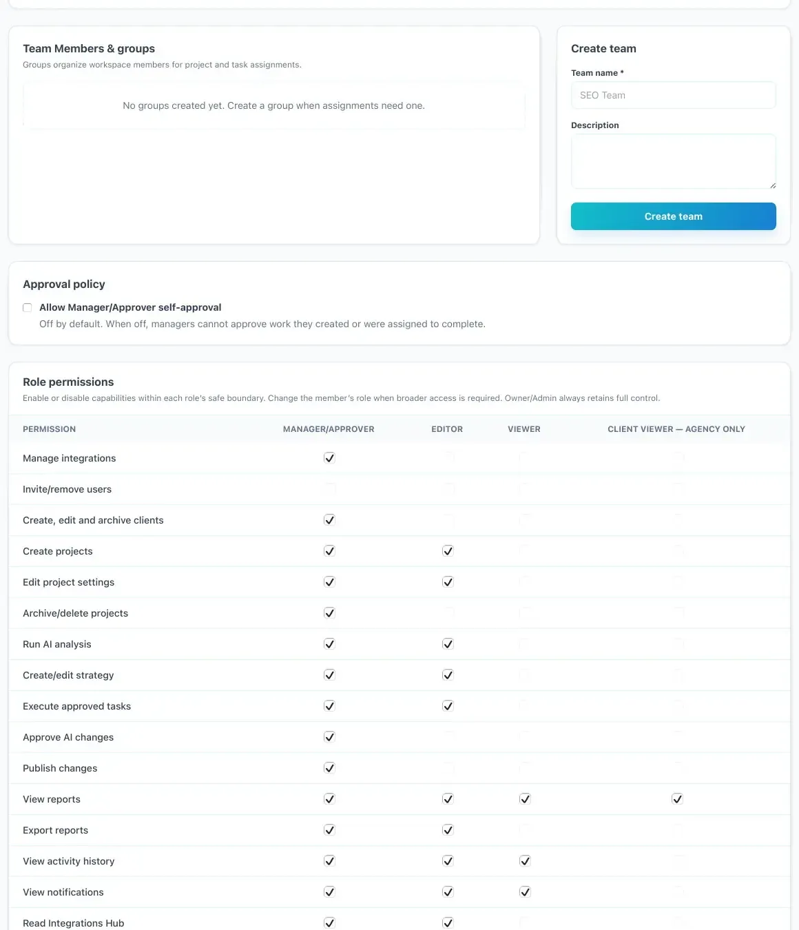 SEnuke AI role permissions matrix with Manager/Approver, Editor, Viewer and Client Viewer roles