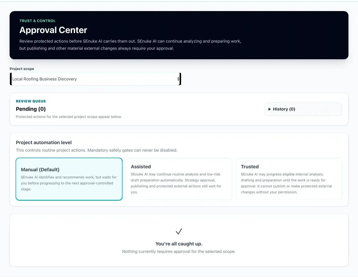 SEnuke AI Approval Center with Manual (default), Assisted and Trusted automation levels