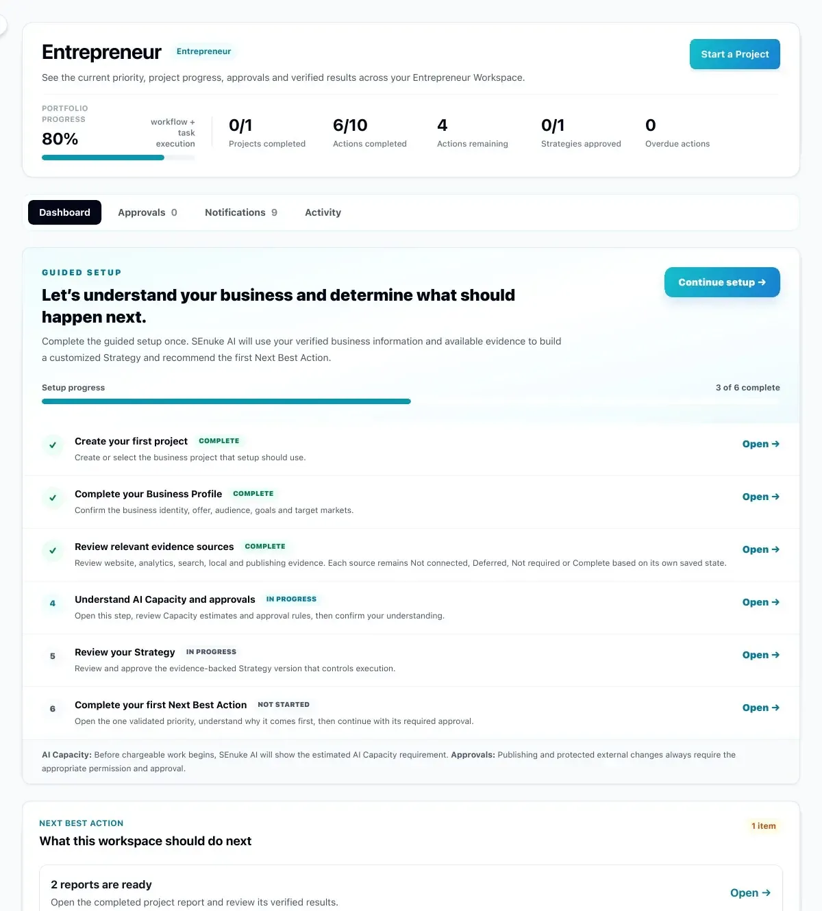 SEnuke AI Entrepreneur workspace dashboard with the six-step guided setup and Next Best Action panel