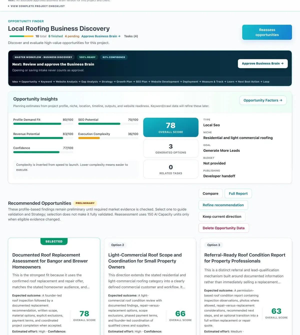 SEnuke AI Opportunity Intelligence screen showing scored opportunities for a local roofing business