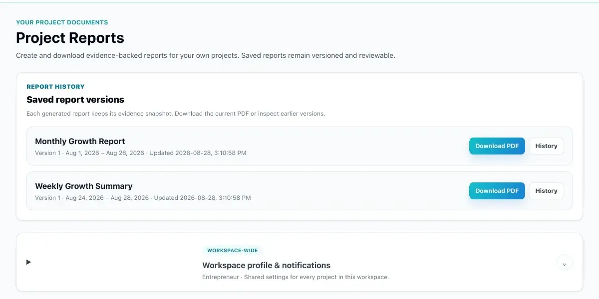 SEnuke AI Project Reports with versioned weekly and monthly growth reports