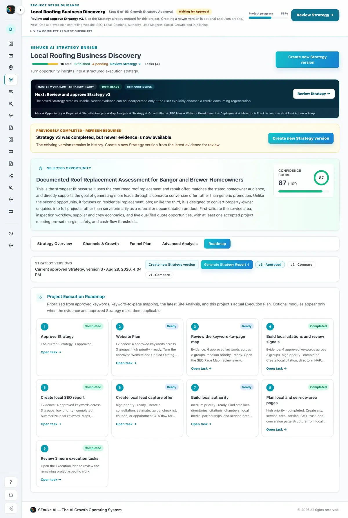 SEnuke AI Roadmap: strategy turned into ordered execution tasks with status