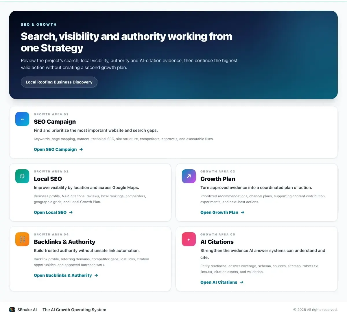 SEnuke AI Search and Growth screen: Backlinks and Authority