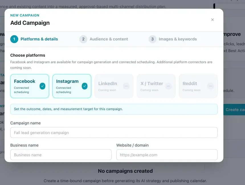 SEnuke AI Add Campaign dialog showing Facebook and Instagram connected, LinkedIn, X and Reddit coming soon