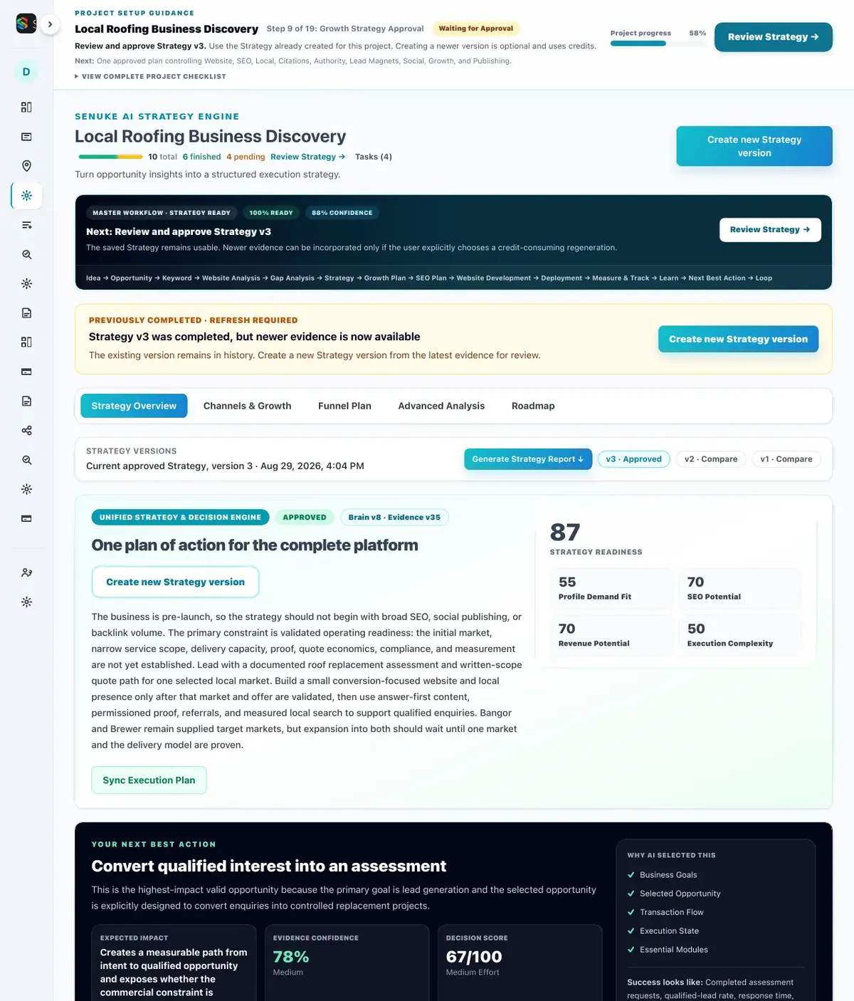 SEnuke AI Strategy and Decision Engine with strategy readiness score, versions and the Next Best Action